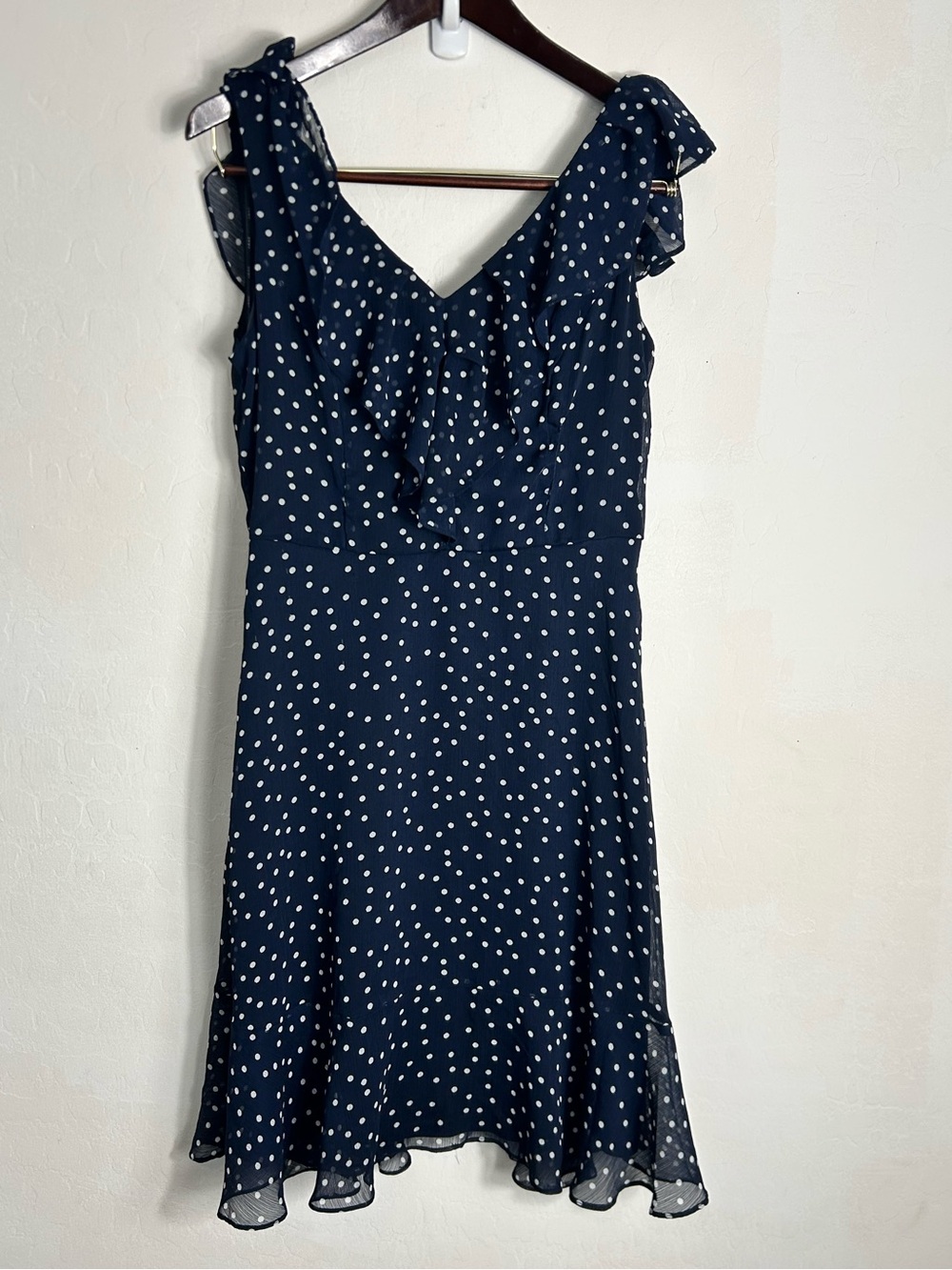 DKNY Navy and White Polka Dot Ruffle V-Neck Midi Dress